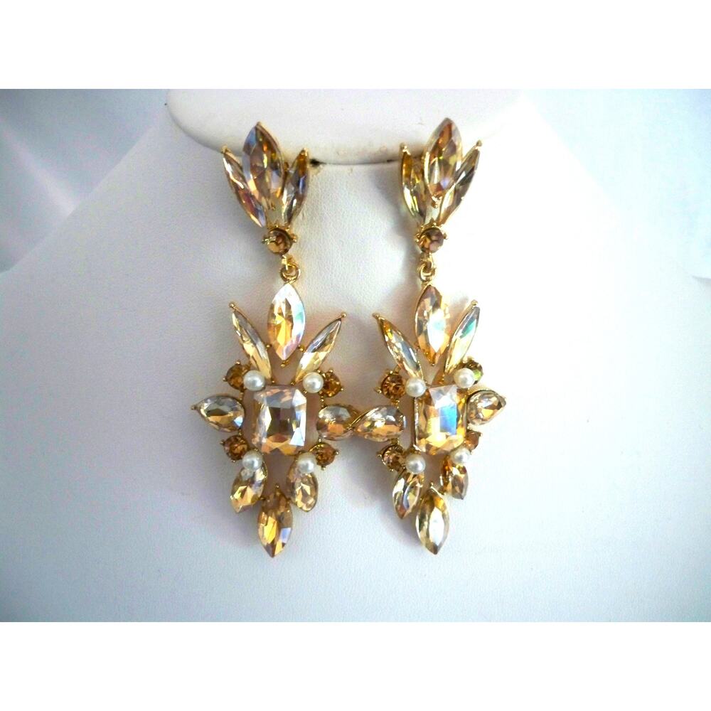 Champagne dangle drop earrings, wedding prom MOB party formal evening earrings
